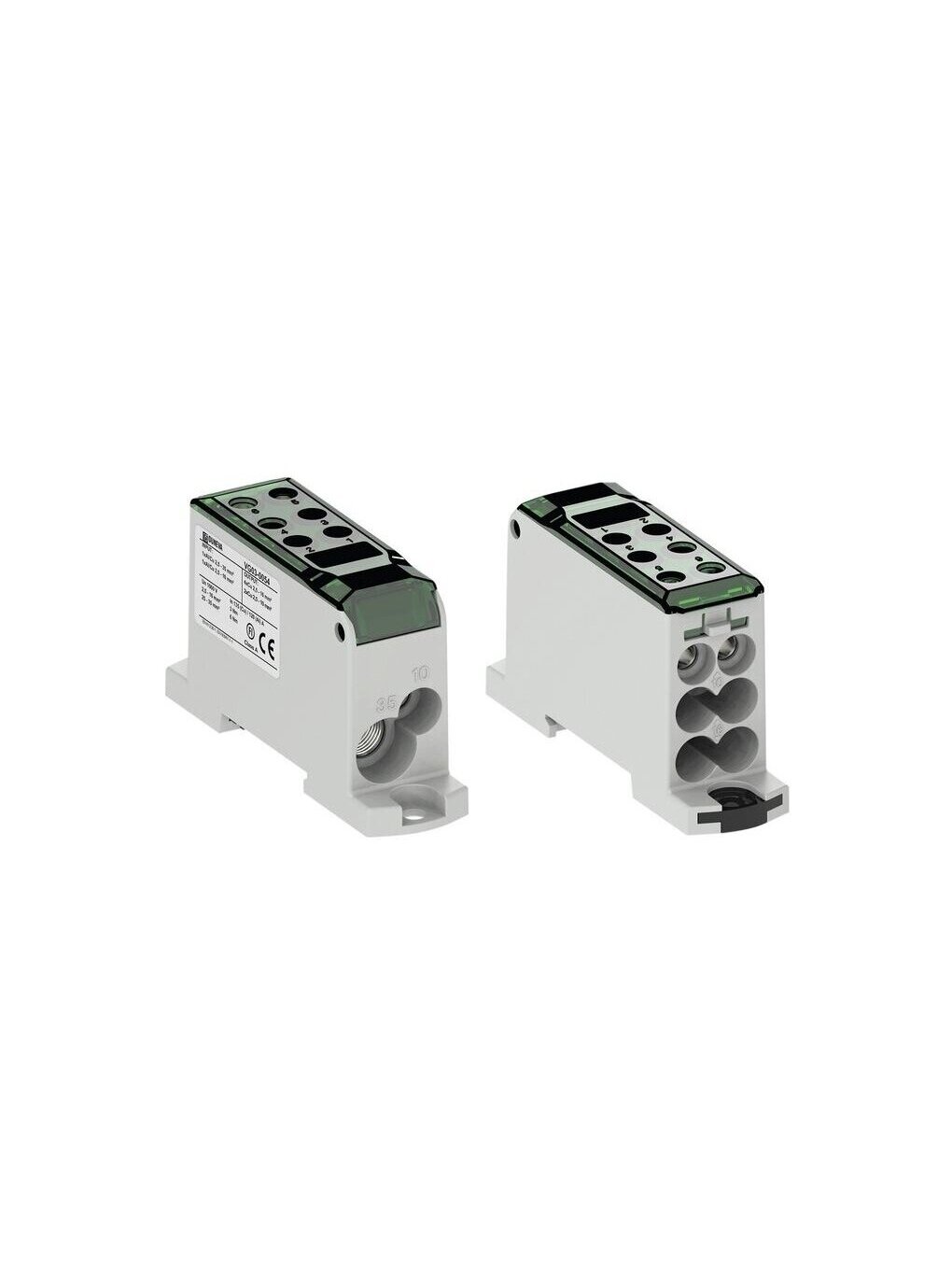 OJL135 Paskirstymo gnybtas Al/Cu 135A In: 1xAl/Cu 2,5-35/1xAl/Cu 2,5-10mm, Out: 4xCu 2,5-16, 2xCu 2,5-10mm, žalias