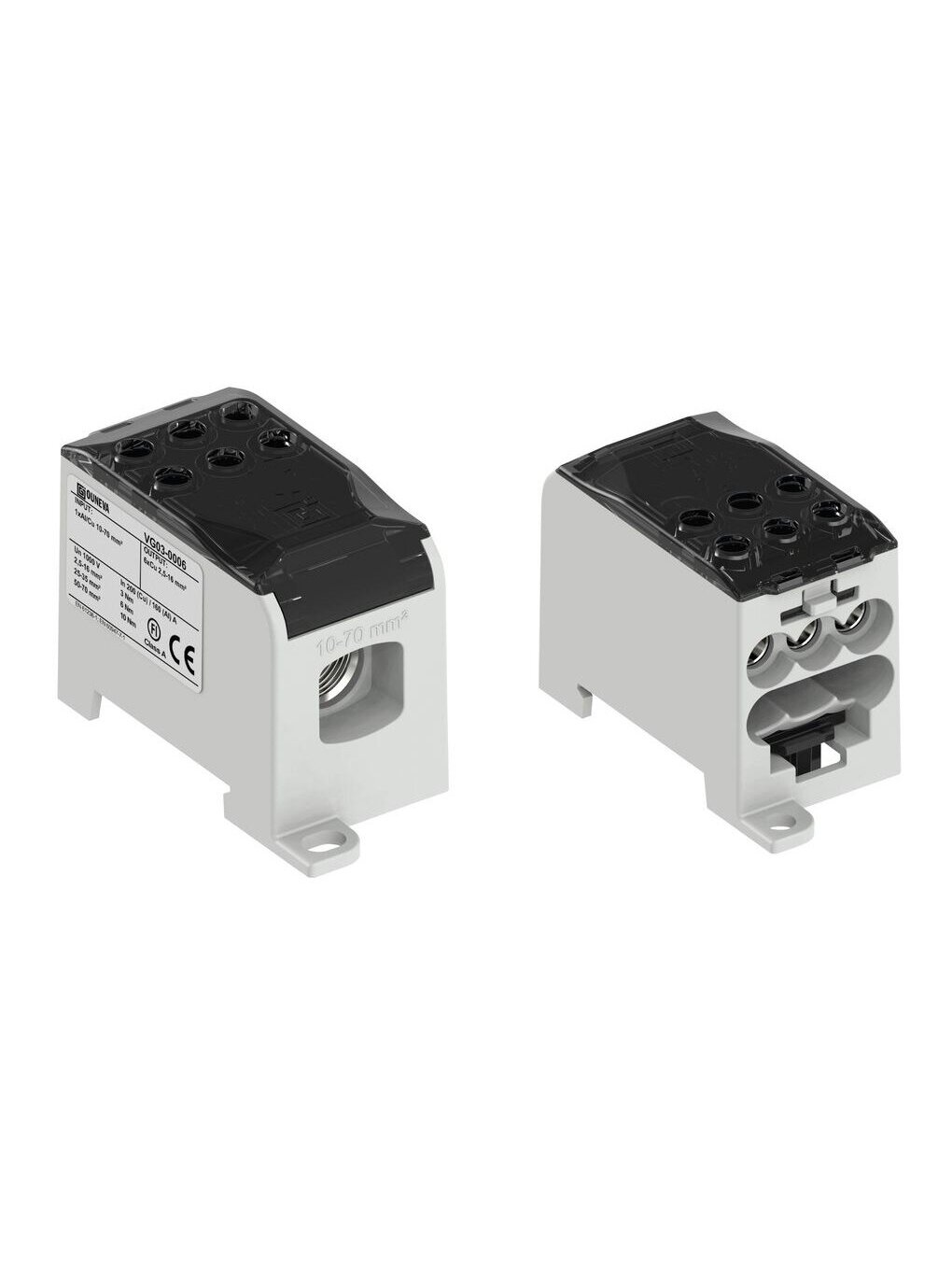 OJL200 Paskirstimo gnybtas Al/Cu 200A In: 1x10-70mm², Out: 6x2,5-16mm², pilkas