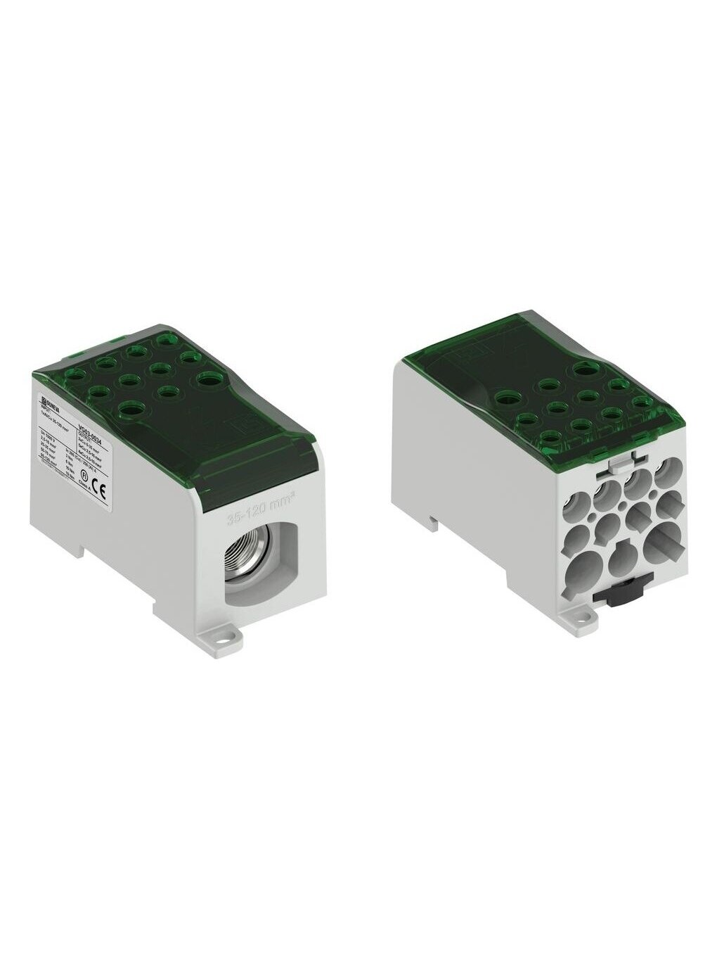 OJL280 paskirstimo gnybtas Al/Cu 280A In: 1x35-120mm², Out: 6x2,5-35mm², 5x2,5-16mm², 4x2,5-10mm², žalias