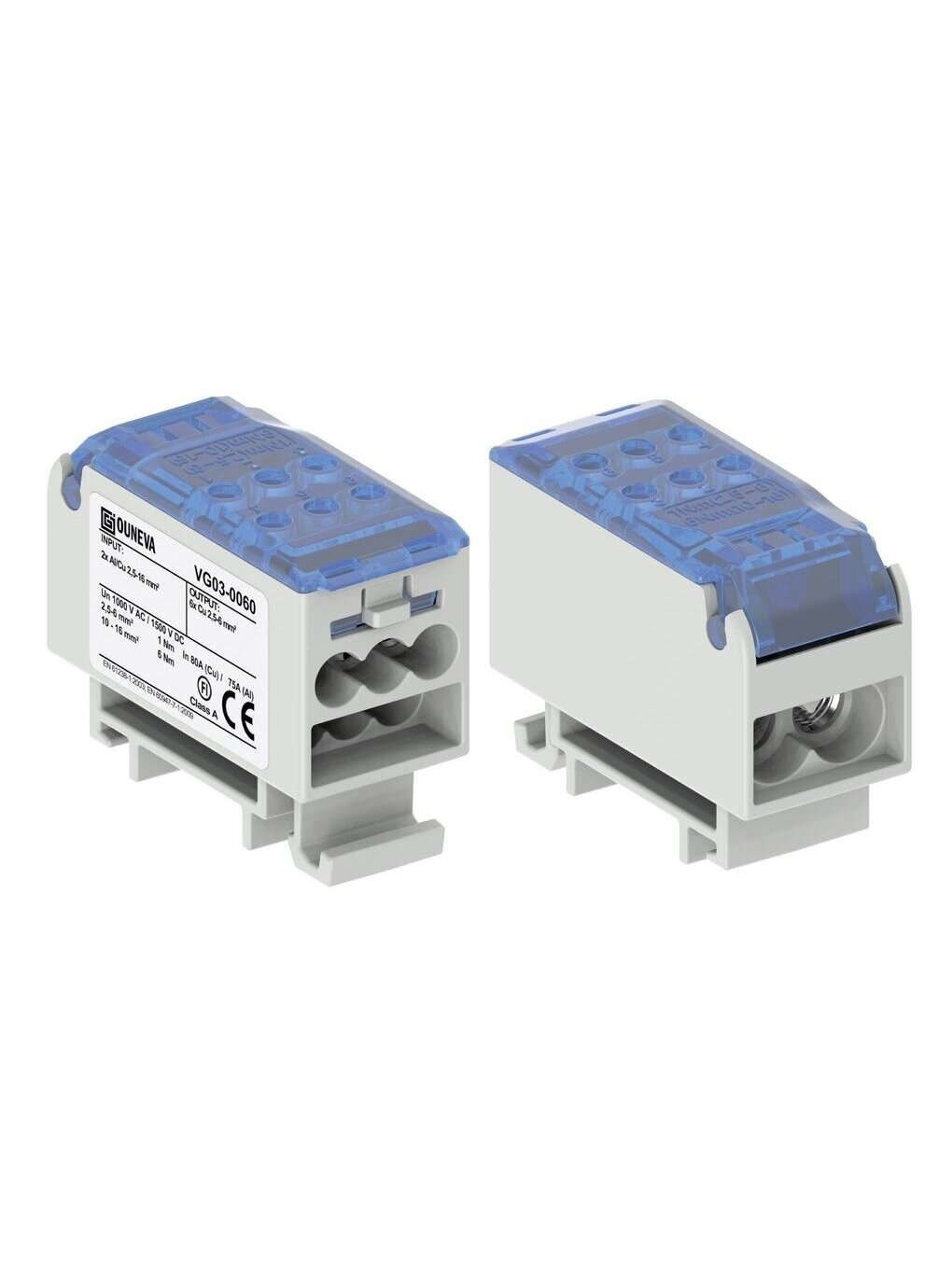 OJL80 Paskirstymo gnybtas Al/Cu 80A In:2xAl/Cu 2,5-16mm, Out: 6xCu 2,5-6mm, mėlynas