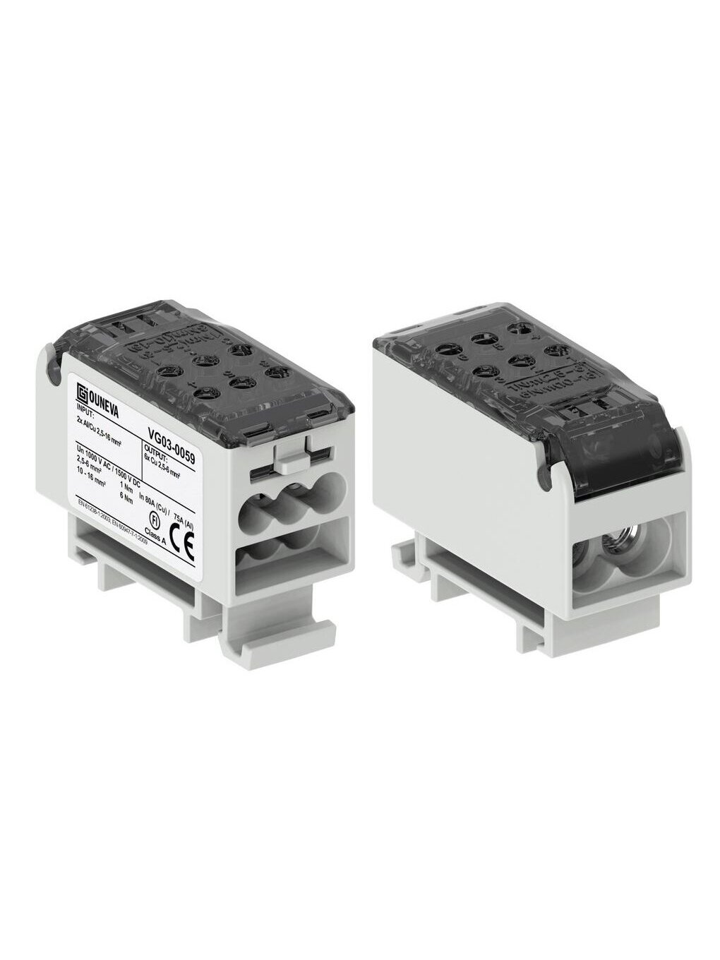 OJL80 Paskirstymo gnybtas Al/Cu 80A In:2xAl/Cu 2,5-16mm, Out: 6xCu 2,5-6mm, pilkas