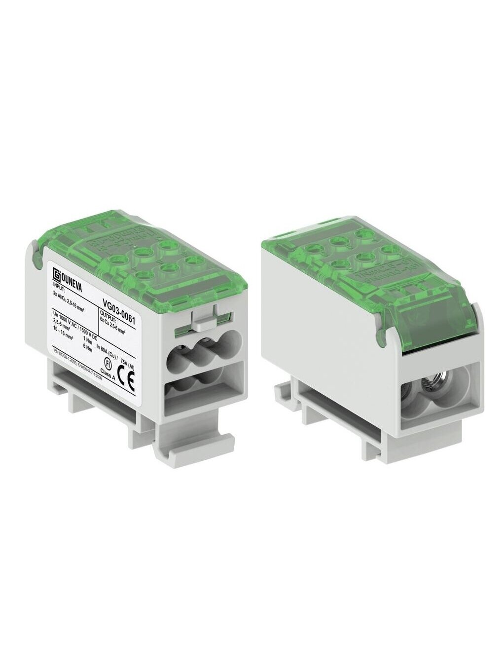 OJL80 Paskirstymo gnybtas Al/Cu 80A In:2xAl/Cu 2,5-16mm, Out: 6xCu 2,5-6mm, žalias